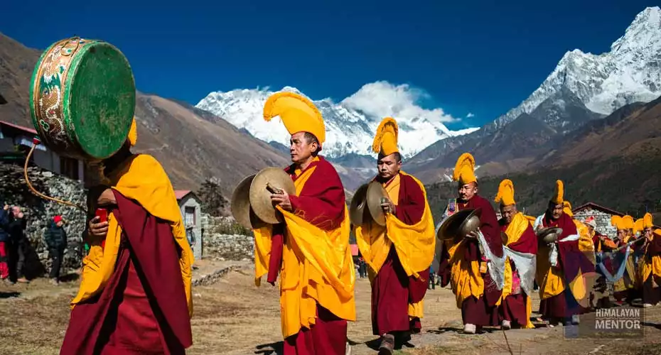 Buddhist monks are preforming during Mani Rimdu Festival